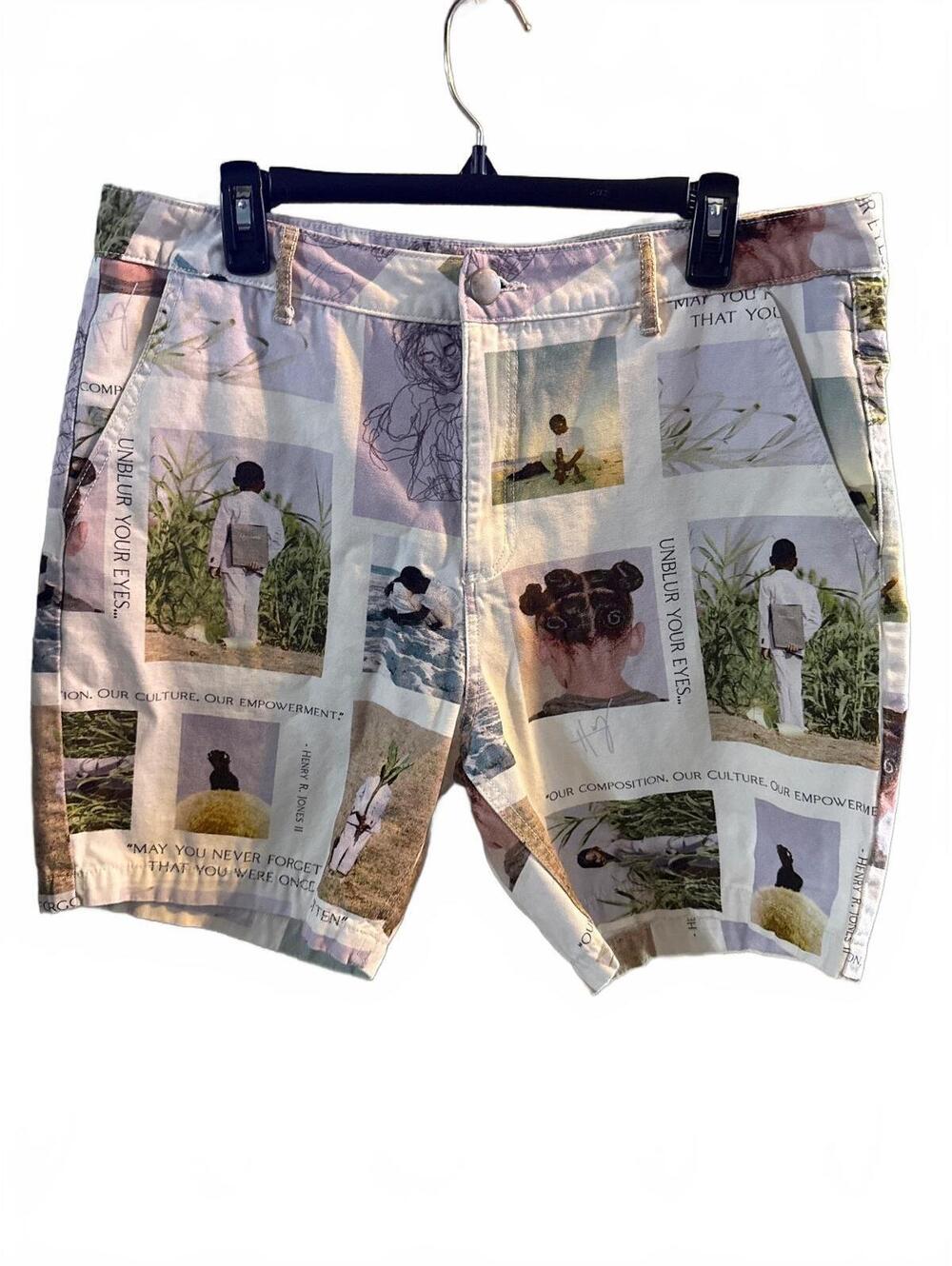 Forever 21 Men Photo Print Collage Shorts Cotton Denim Size 36 Henry Jones Rare